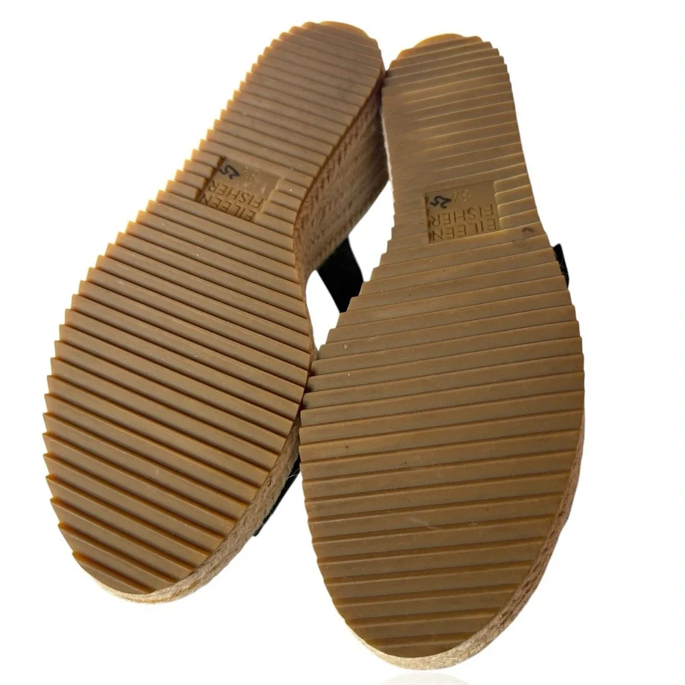 NEW Eileen Fisher 8.5 Winnie Tumbled Black Leather Espadrille Wedge‎ Sandals